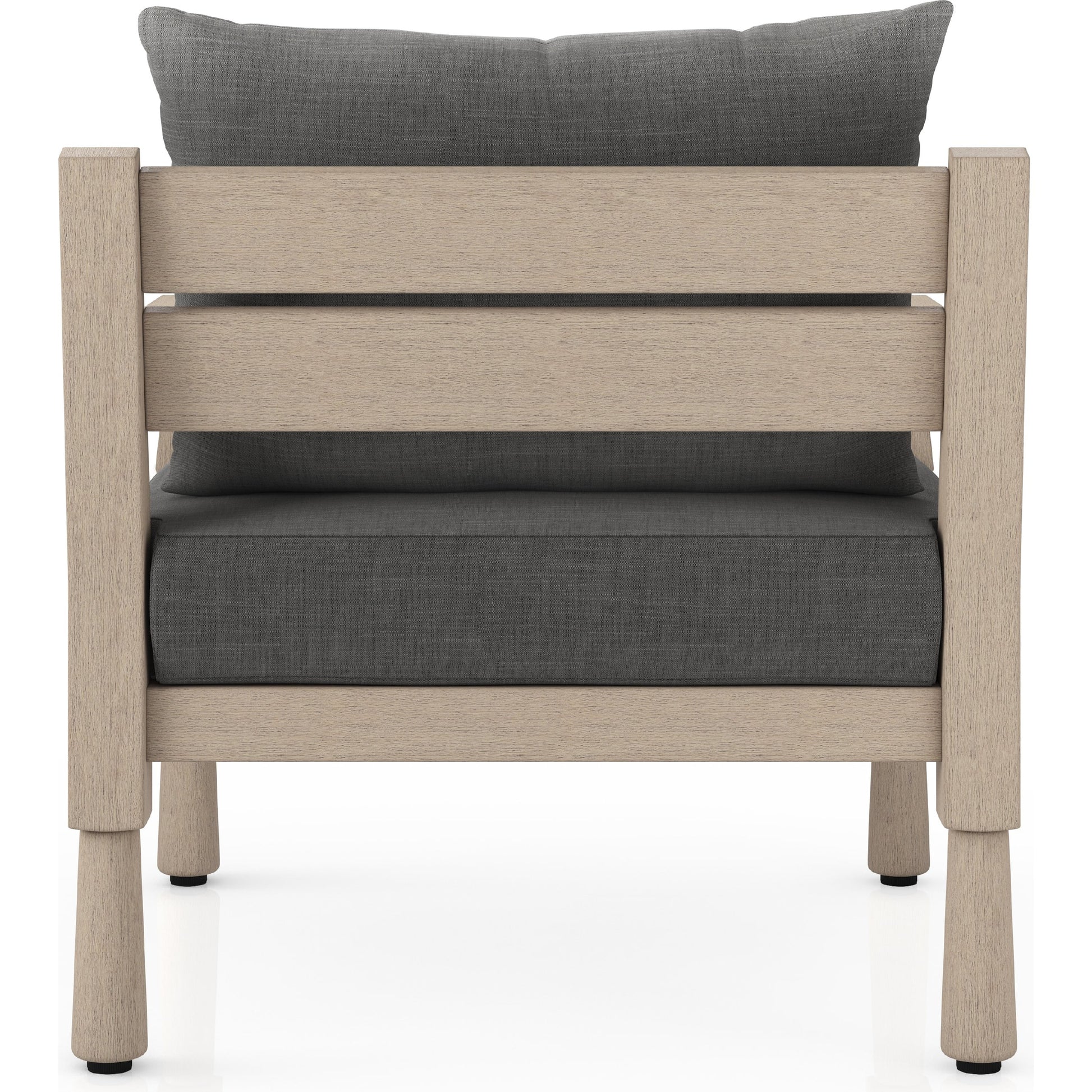 Waller Outdoor Chair by Four Hands in stone grey, weathered grey and weathered grey in stone grey. Made from 100% olefin, solid fsc®-certified teak, 59% polyurethane foam, 30% polyester fiber, 11% polyester fiber batting in a transitio