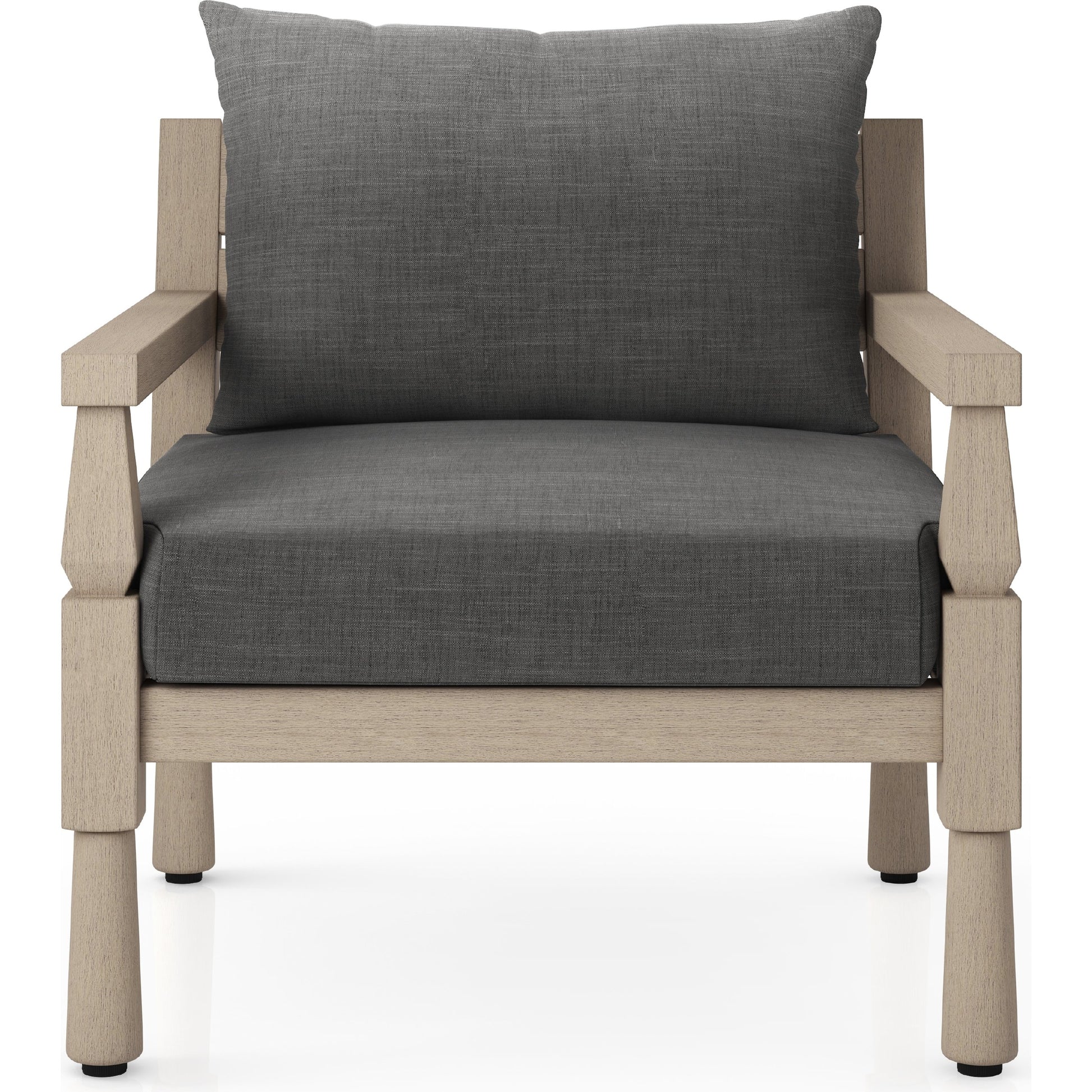 Waller Outdoor Chair by Four Hands in stone grey, weathered grey and weathered grey in stone grey. Made from 100% olefin, solid fsc®-certified teak, 59% polyurethane foam, 30% polyester fiber, 11% polyester fiber batting in a transitio