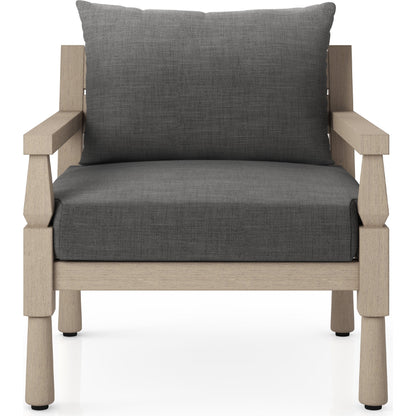 Waller Outdoor Chair by Four Hands in stone grey, weathered grey and weathered grey in stone grey. Made from 100% olefin, solid fsc®-certified teak, 59% polyurethane foam, 30% polyester fiber, 11% polyester fiber batting in a transitio