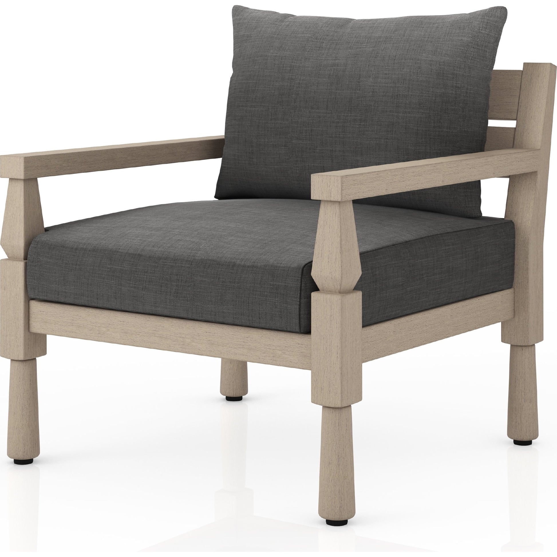 Waller Outdoor Chair by Four Hands in stone grey, weathered grey and weathered grey in stone grey. Made from 100% olefin, solid fsc®-certified teak, 59% polyurethane foam, 30% polyester fiber, 11% polyester fiber batting in a transitio