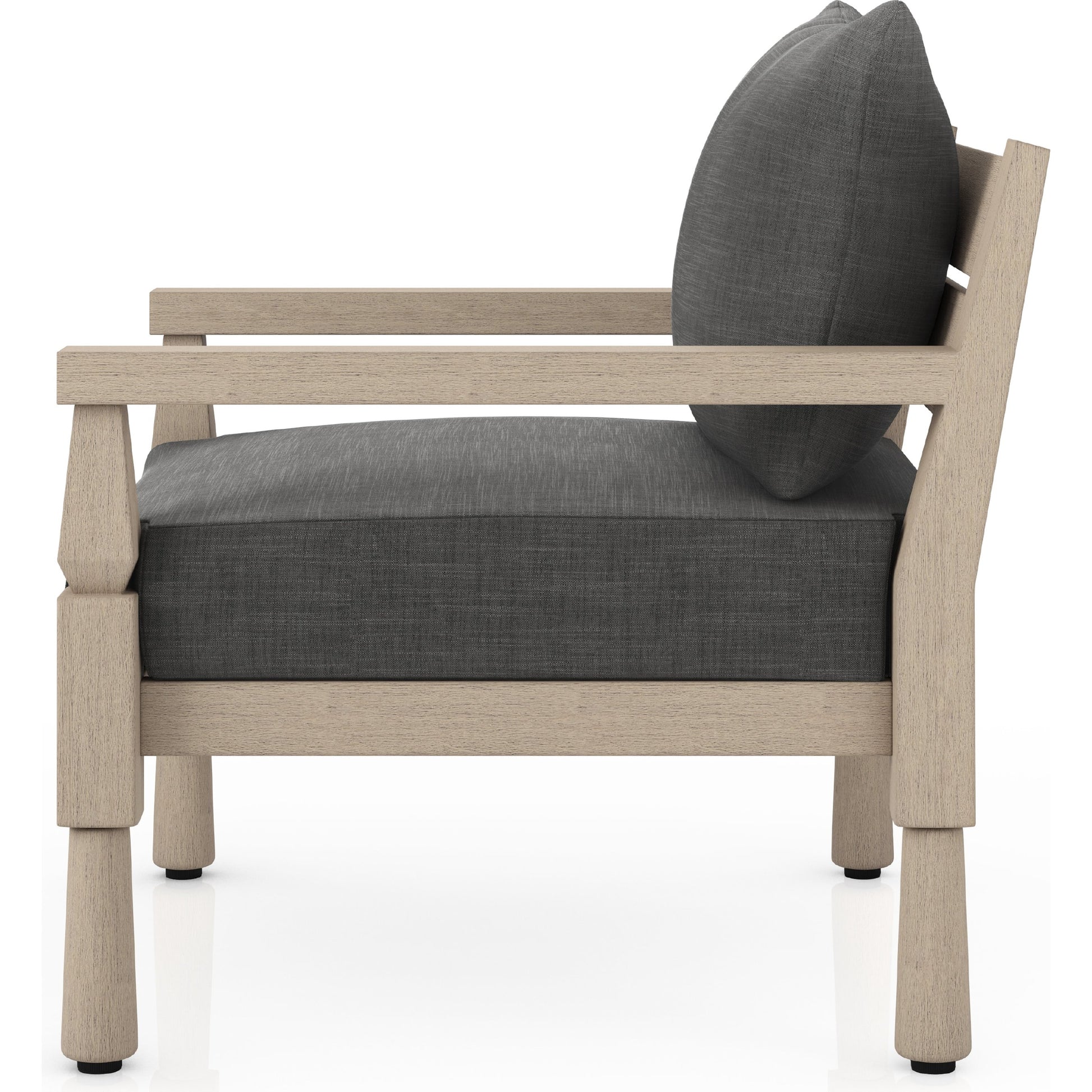 Waller Outdoor Chair by Four Hands in stone grey, weathered grey and weathered grey in stone grey. Made from 100% olefin, solid fsc®-certified teak, 59% polyurethane foam, 30% polyester fiber, 11% polyester fiber batting in a transitio