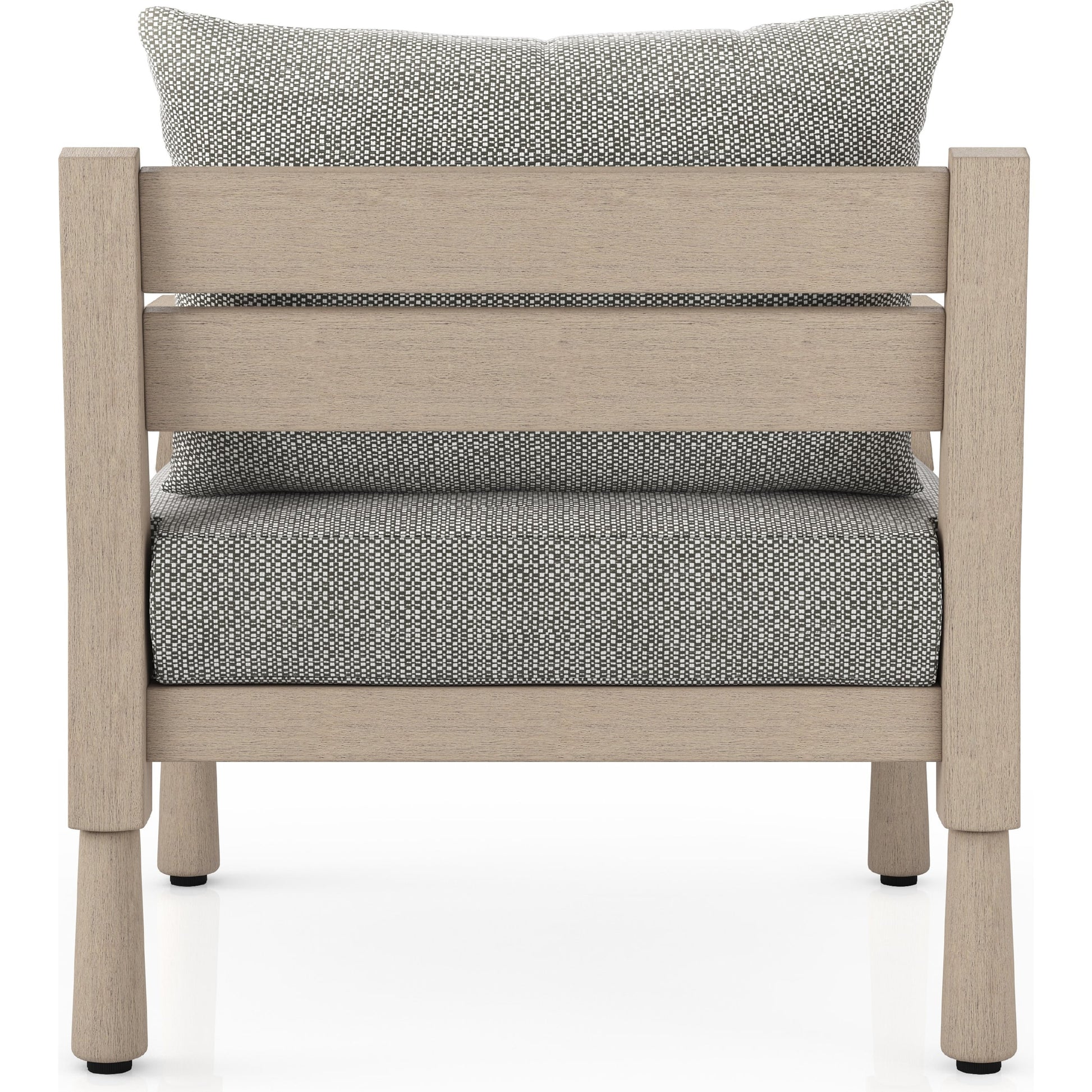 Waller Outdoor Chair by Four Hands in stone grey, weathered grey and weathered grey in stone grey. Made from 100% olefin, solid fsc®-certified teak, 59% polyurethane foam, 30% polyester fiber, 11% polyester fiber batting in a transitio