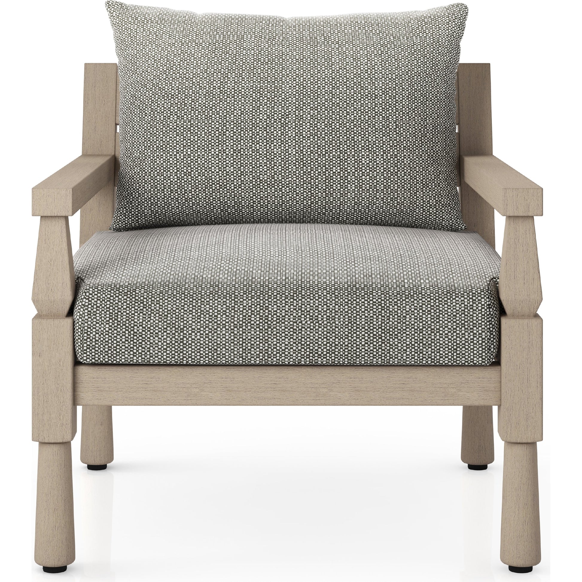 Waller Outdoor Chair by Four Hands in stone grey, weathered grey and weathered grey in stone grey. Made from 100% olefin, solid fsc®-certified teak, 59% polyurethane foam, 30% polyester fiber, 11% polyester fiber batting in a transitio