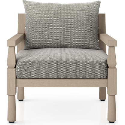 Waller Outdoor Chair by Four Hands in stone grey, weathered grey and weathered grey in stone grey. Made from 100% olefin, solid fsc®-certified teak, 59% polyurethane foam, 30% polyester fiber, 11% polyester fiber batting in a transitio