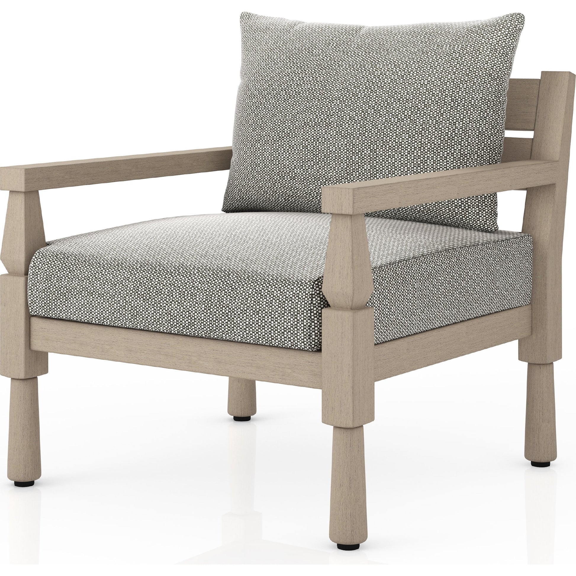 Waller Outdoor Chair by Four Hands in stone grey, weathered grey and weathered grey in stone grey. Made from 100% olefin, solid fsc®-certified teak, 59% polyurethane foam, 30% polyester fiber, 11% polyester fiber batting in a transitio