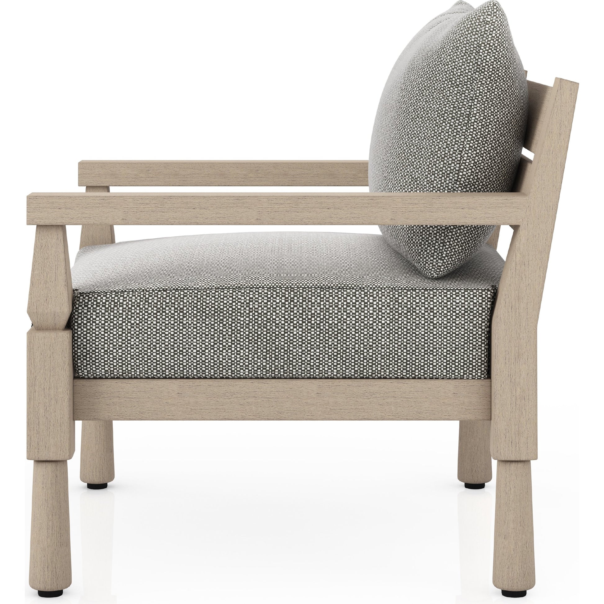 Waller Outdoor Chair by Four Hands in stone grey, weathered grey and weathered grey in stone grey. Made from 100% olefin, solid fsc®-certified teak, 59% polyurethane foam, 30% polyester fiber, 11% polyester fiber batting in a transitio
