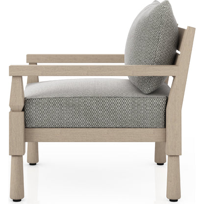 Waller Outdoor Chair by Four Hands in stone grey, weathered grey and weathered grey in stone grey. Made from 100% olefin, solid fsc®-certified teak, 59% polyurethane foam, 30% polyester fiber, 11% polyester fiber batting in a transitio
