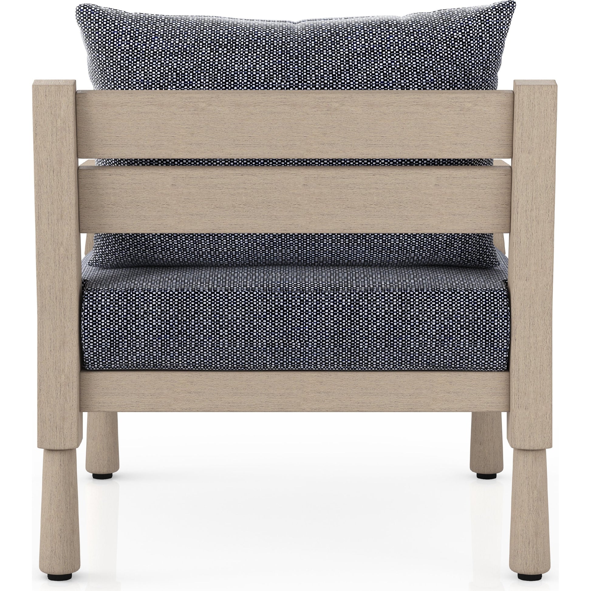 Waller Outdoor Chair by Four Hands in stone grey, weathered grey and weathered grey in stone grey. Made from 100% olefin, solid fsc®-certified teak, 59% polyurethane foam, 30% polyester fiber, 11% polyester fiber batting in a transitio