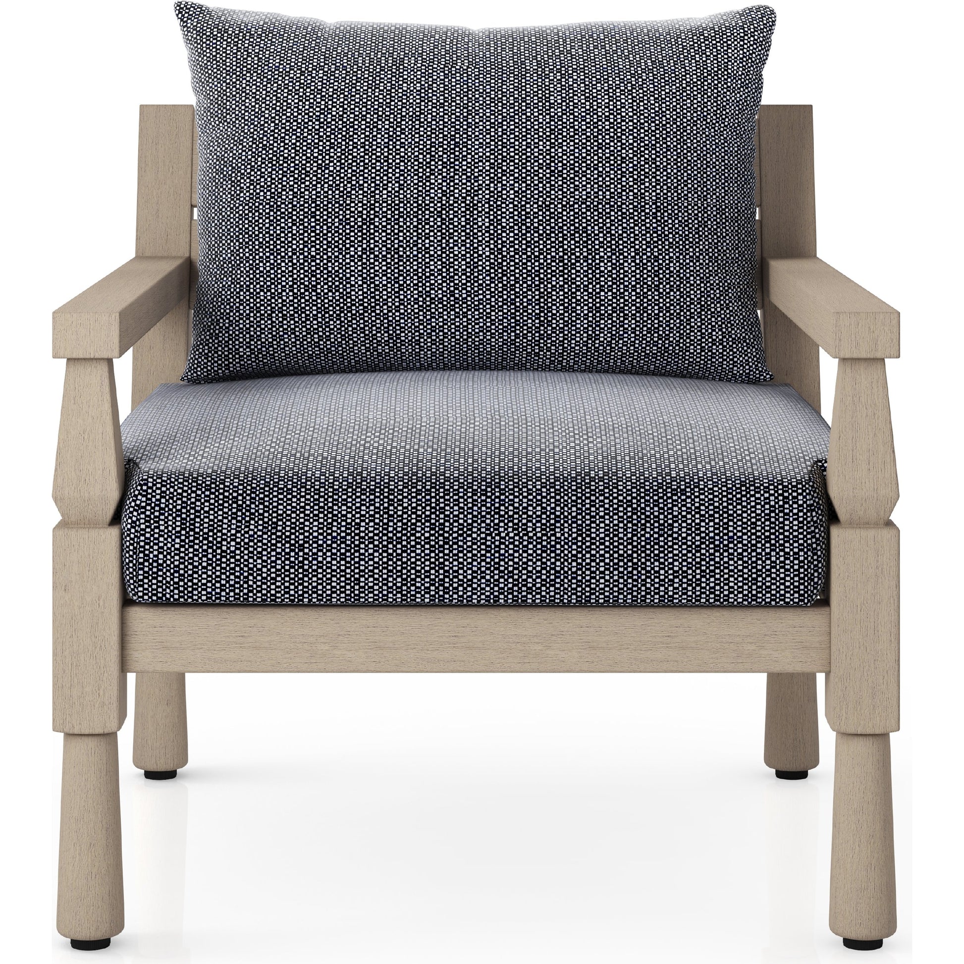 Waller Outdoor Chair by Four Hands in stone grey, weathered grey and weathered grey in stone grey. Made from 100% olefin, solid fsc®-certified teak, 59% polyurethane foam, 30% polyester fiber, 11% polyester fiber batting in a transitio