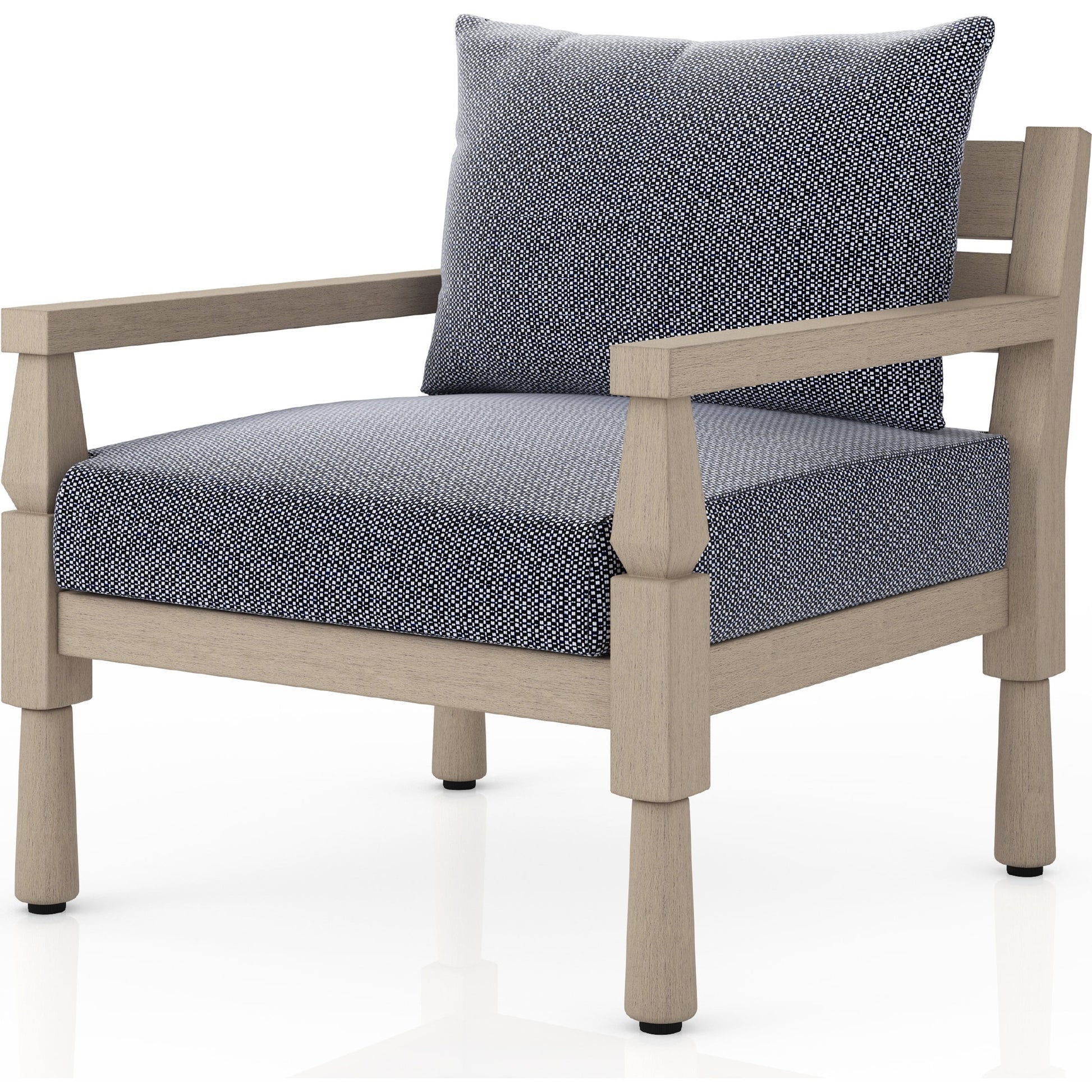 Waller Outdoor Chair by Four Hands in stone grey, weathered grey and weathered grey in stone grey. Made from 100% olefin, solid fsc®-certified teak, 59% polyurethane foam, 30% polyester fiber, 11% polyester fiber batting in a transitio