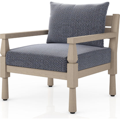 Waller Outdoor Chair by Four Hands in stone grey, weathered grey and weathered grey in stone grey. Made from 100% olefin, solid fsc®-certified teak, 59% polyurethane foam, 30% polyester fiber, 11% polyester fiber batting in a transitio