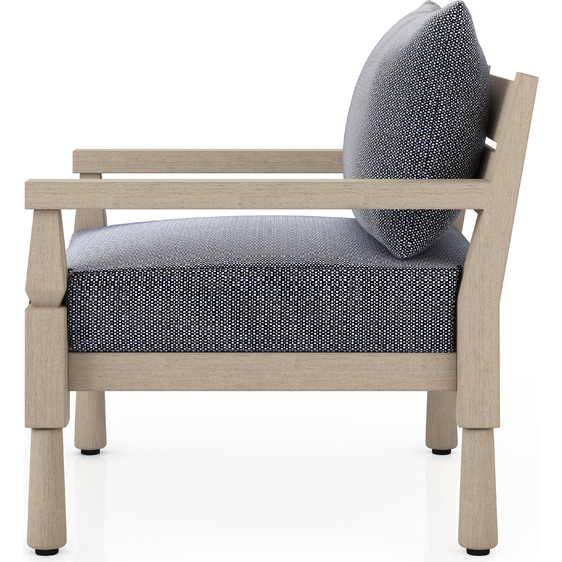 Waller Outdoor Chair by Four Hands in stone grey, weathered grey and weathered grey in stone grey. Made from 100% olefin, solid fsc®-certified teak, 59% polyurethane foam, 30% polyester fiber, 11% polyester fiber batting in a transitio