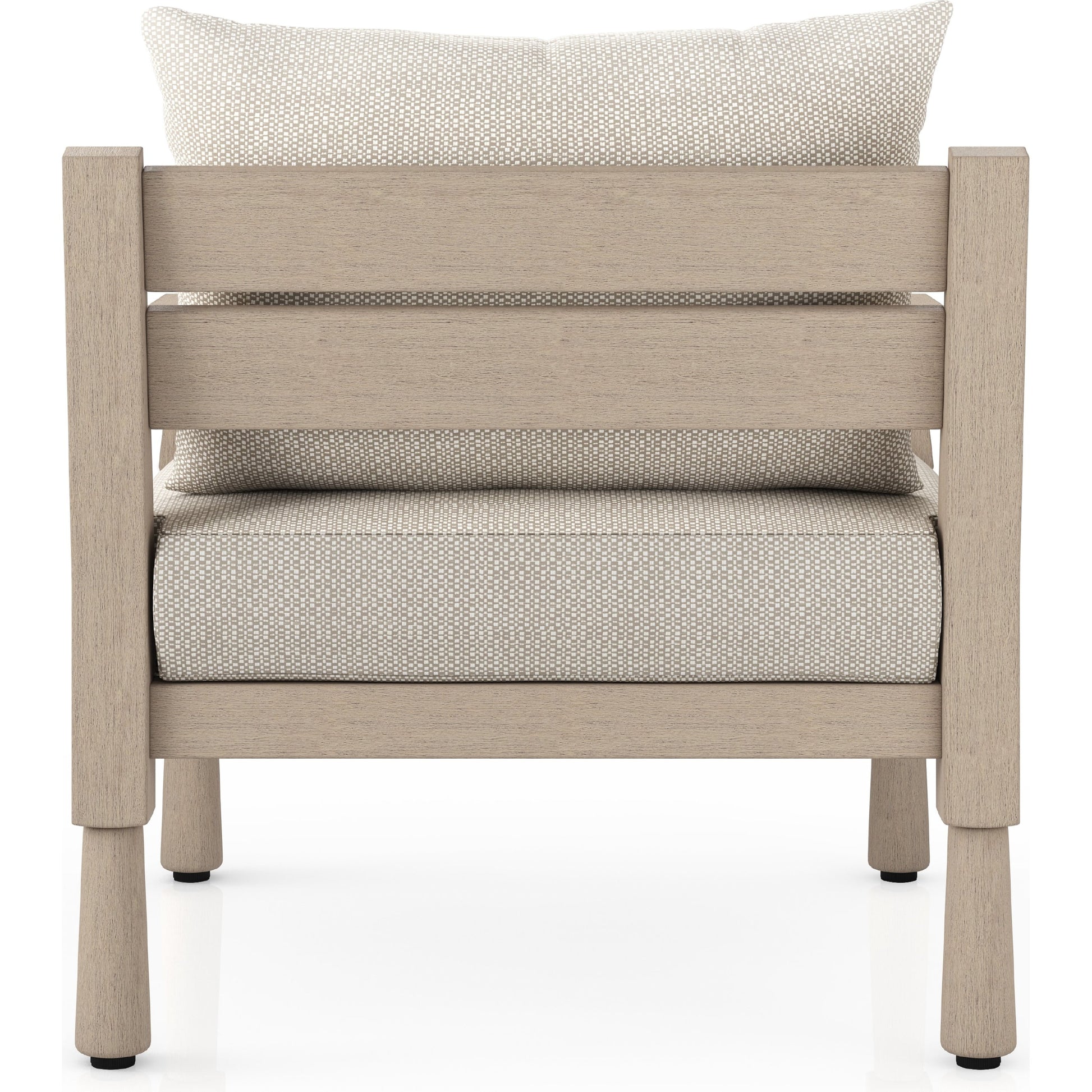 Waller Outdoor Chair by Four Hands in stone grey, weathered grey and weathered grey in stone grey. Made from 100% olefin, solid fsc®-certified teak, 59% polyurethane foam, 30% polyester fiber, 11% polyester fiber batting in a transitio