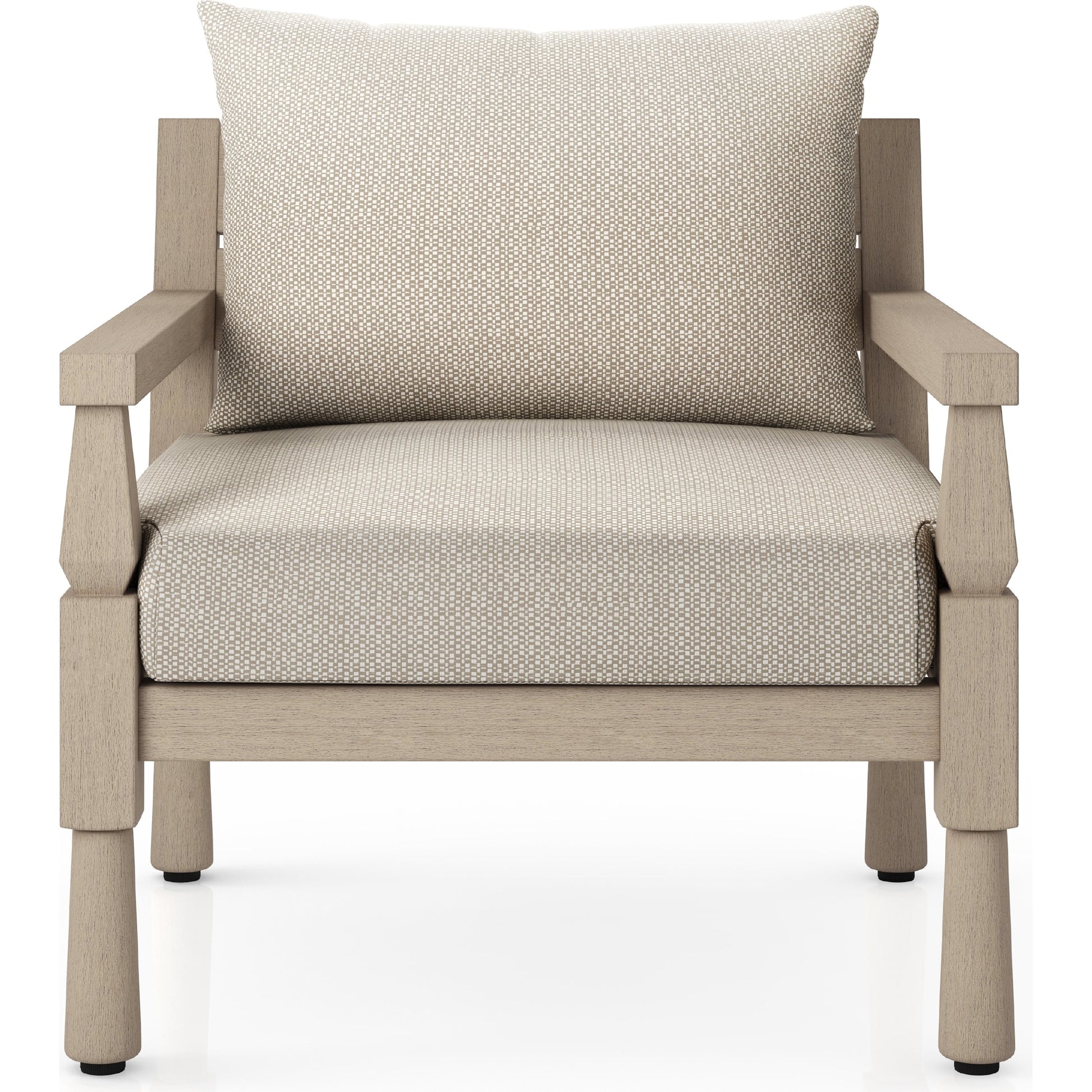 Waller Outdoor Chair by Four Hands in stone grey, weathered grey and weathered grey in stone grey. Made from 100% olefin, solid fsc®-certified teak, 59% polyurethane foam, 30% polyester fiber, 11% polyester fiber batting in a transitio