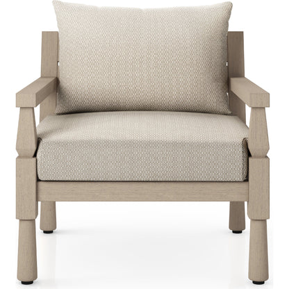 Waller Outdoor Chair by Four Hands in stone grey, weathered grey and weathered grey in stone grey. Made from 100% olefin, solid fsc®-certified teak, 59% polyurethane foam, 30% polyester fiber, 11% polyester fiber batting in a transitio