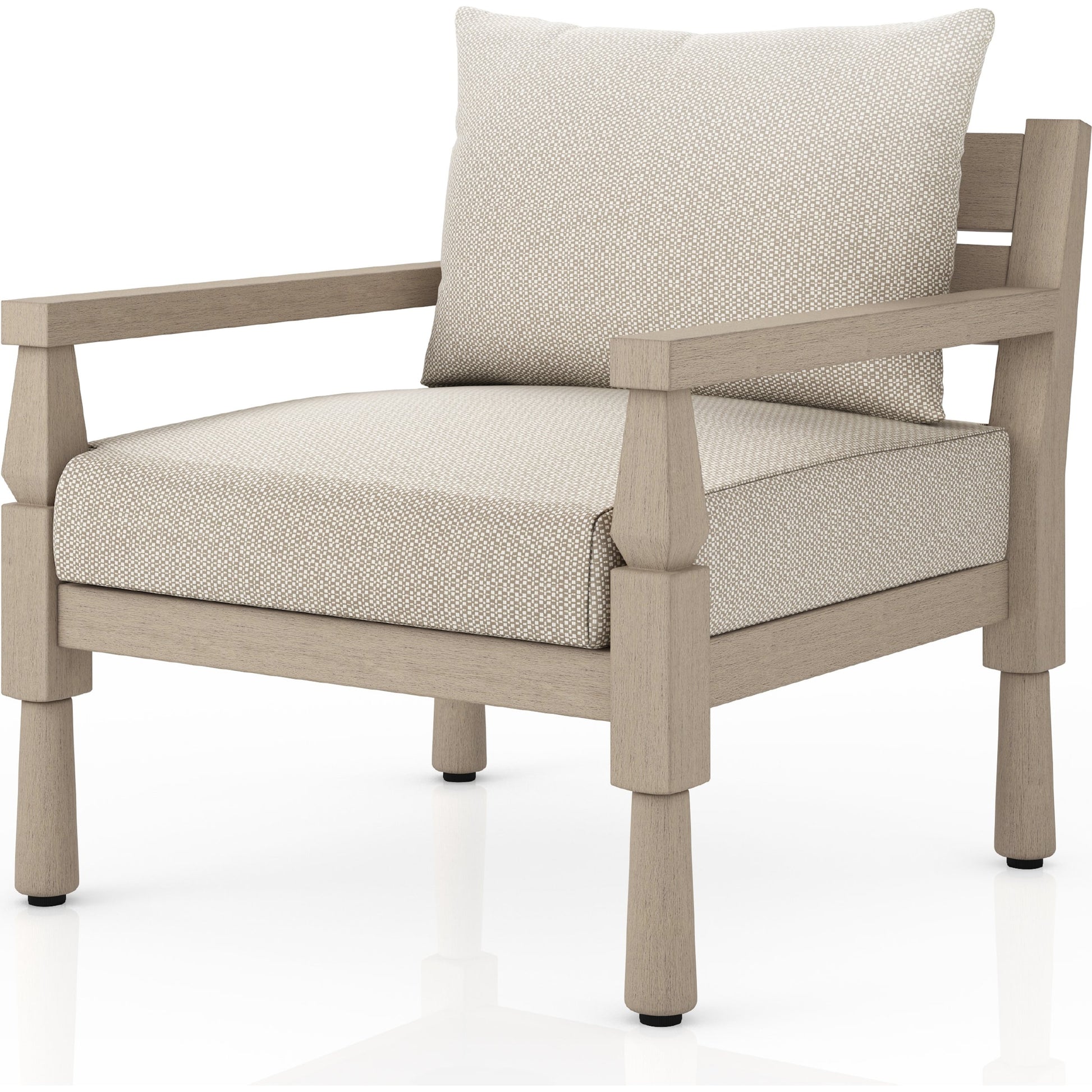 Waller Outdoor Chair by Four Hands in stone grey, weathered grey and weathered grey in stone grey. Made from 100% olefin, solid fsc®-certified teak, 59% polyurethane foam, 30% polyester fiber, 11% polyester fiber batting in a transitio