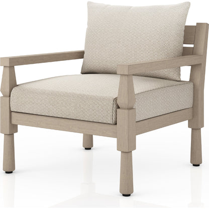 Waller Outdoor Chair by Four Hands in stone grey, weathered grey and weathered grey in stone grey. Made from 100% olefin, solid fsc®-certified teak, 59% polyurethane foam, 30% polyester fiber, 11% polyester fiber batting in a transitio