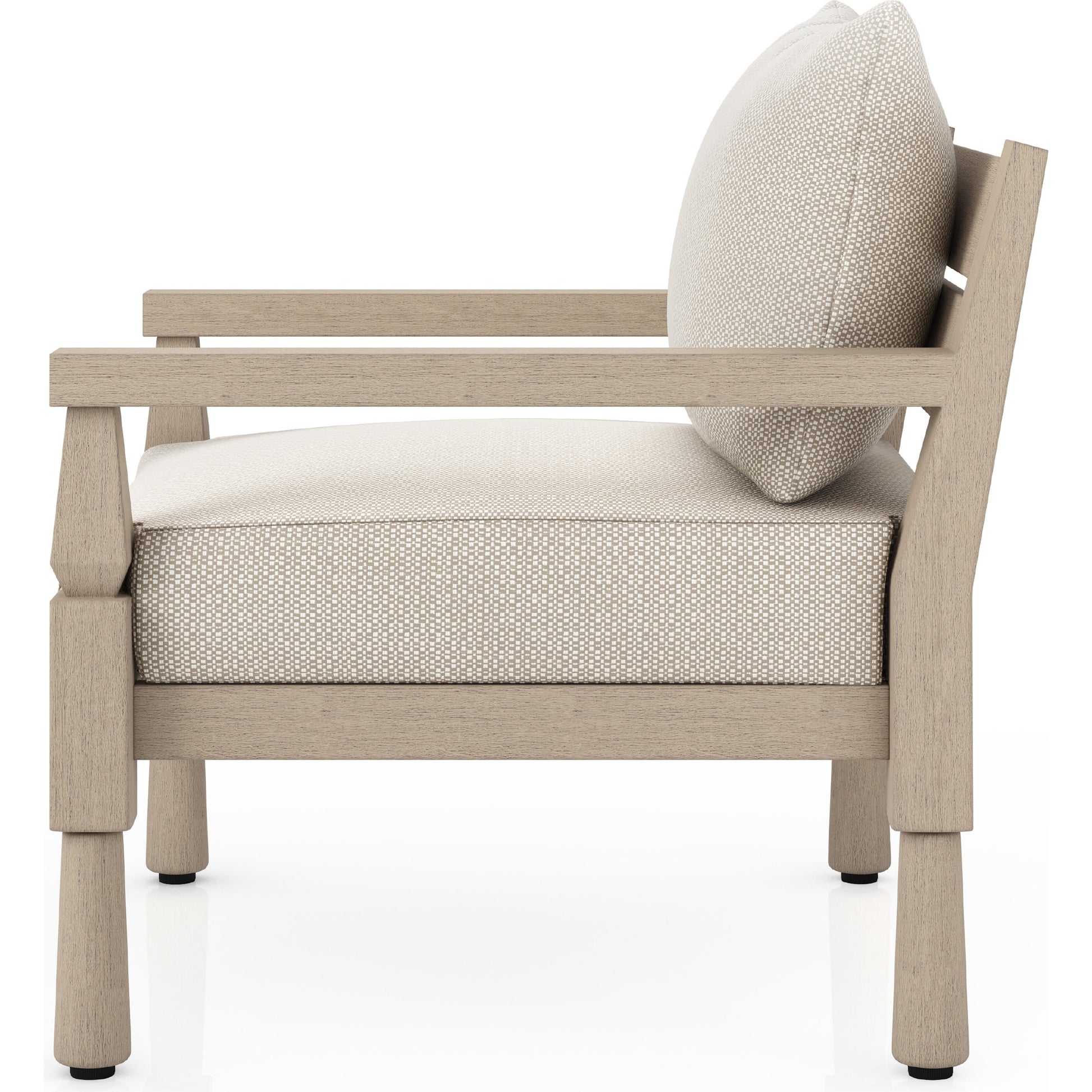 Waller Outdoor Chair by Four Hands in stone grey, weathered grey and weathered grey in stone grey. Made from 100% olefin, solid fsc®-certified teak, 59% polyurethane foam, 30% polyester fiber, 11% polyester fiber batting in a transitio