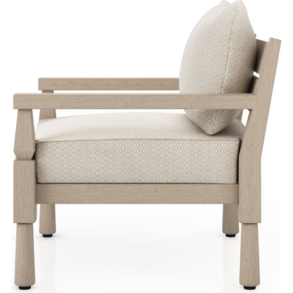 Waller Outdoor Chair by Four Hands in stone grey, weathered grey and weathered grey in stone grey. Made from 100% olefin, solid fsc®-certified teak, 59% polyurethane foam, 30% polyester fiber, 11% polyester fiber batting in a transitio