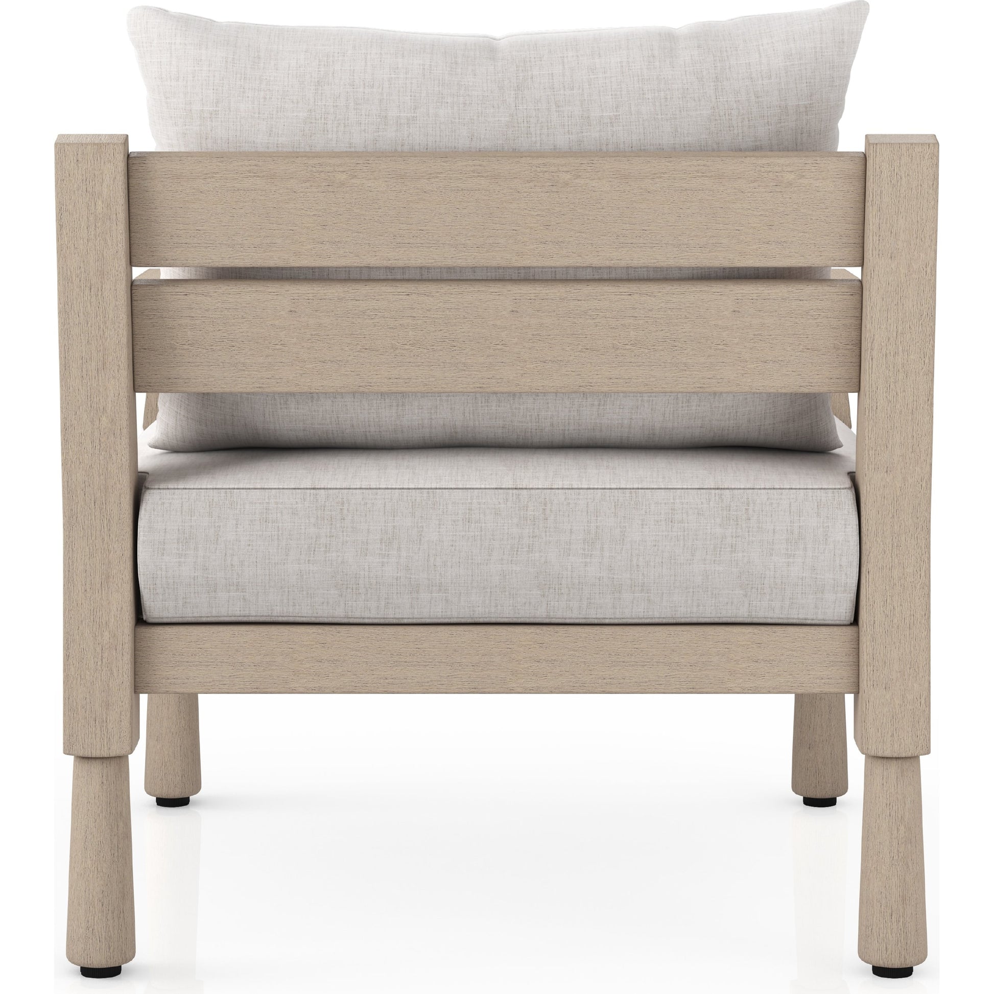 Waller Outdoor Chair by Four Hands in stone grey, weathered grey and weathered grey in stone grey. Made from 100% olefin, solid fsc®-certified teak, 59% polyurethane foam, 30% polyester fiber, 11% polyester fiber batting in a transitio