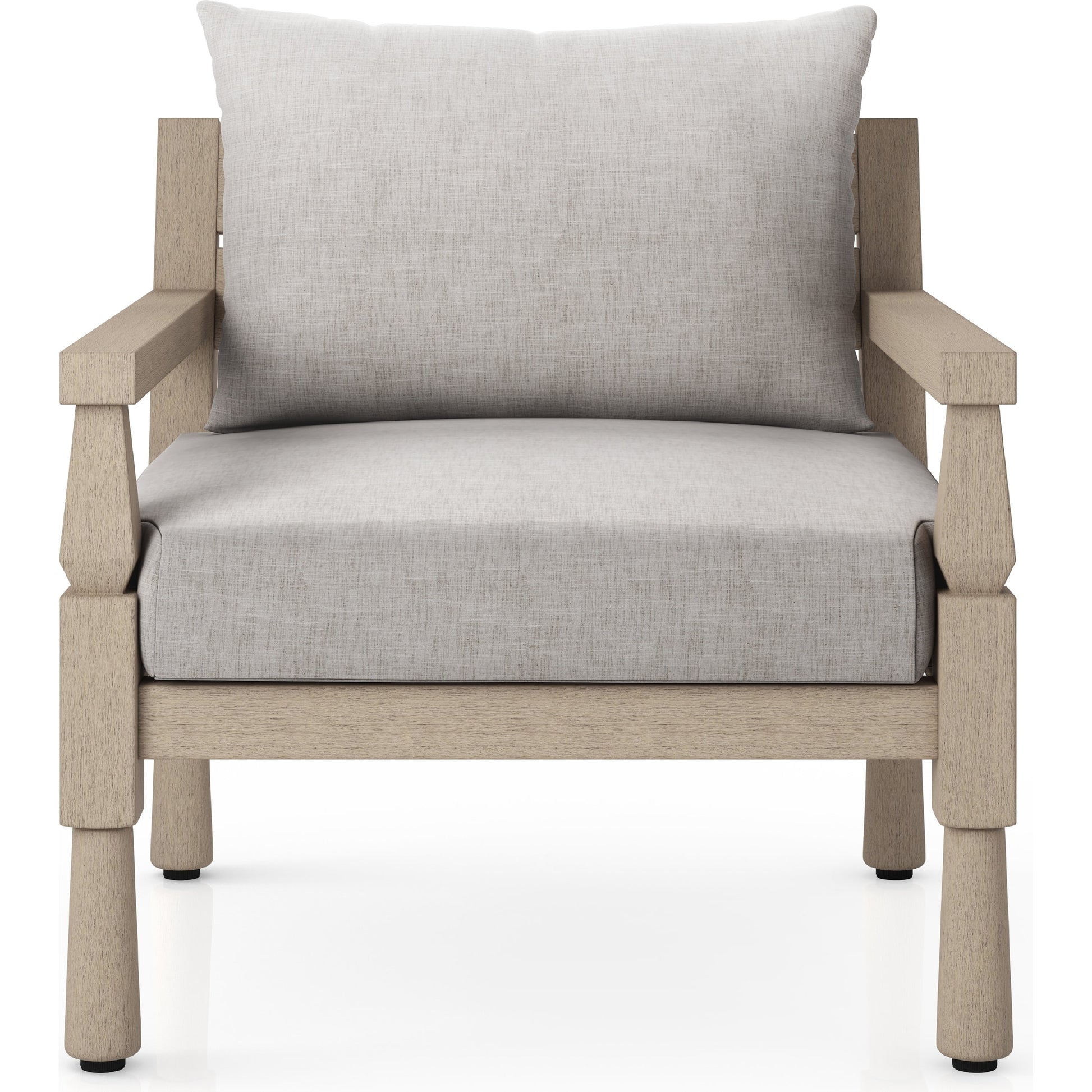 Waller Outdoor Chair by Four Hands in stone grey, weathered grey and weathered grey in stone grey. Made from 100% olefin, solid fsc®-certified teak, 59% polyurethane foam, 30% polyester fiber, 11% polyester fiber batting in a transitio