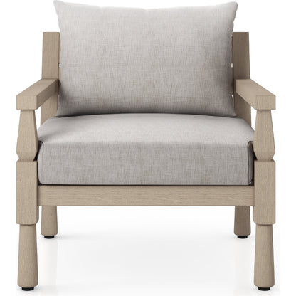 Waller Outdoor Chair by Four Hands in stone grey, weathered grey and weathered grey in stone grey. Made from 100% olefin, solid fsc®-certified teak, 59% polyurethane foam, 30% polyester fiber, 11% polyester fiber batting in a transitio