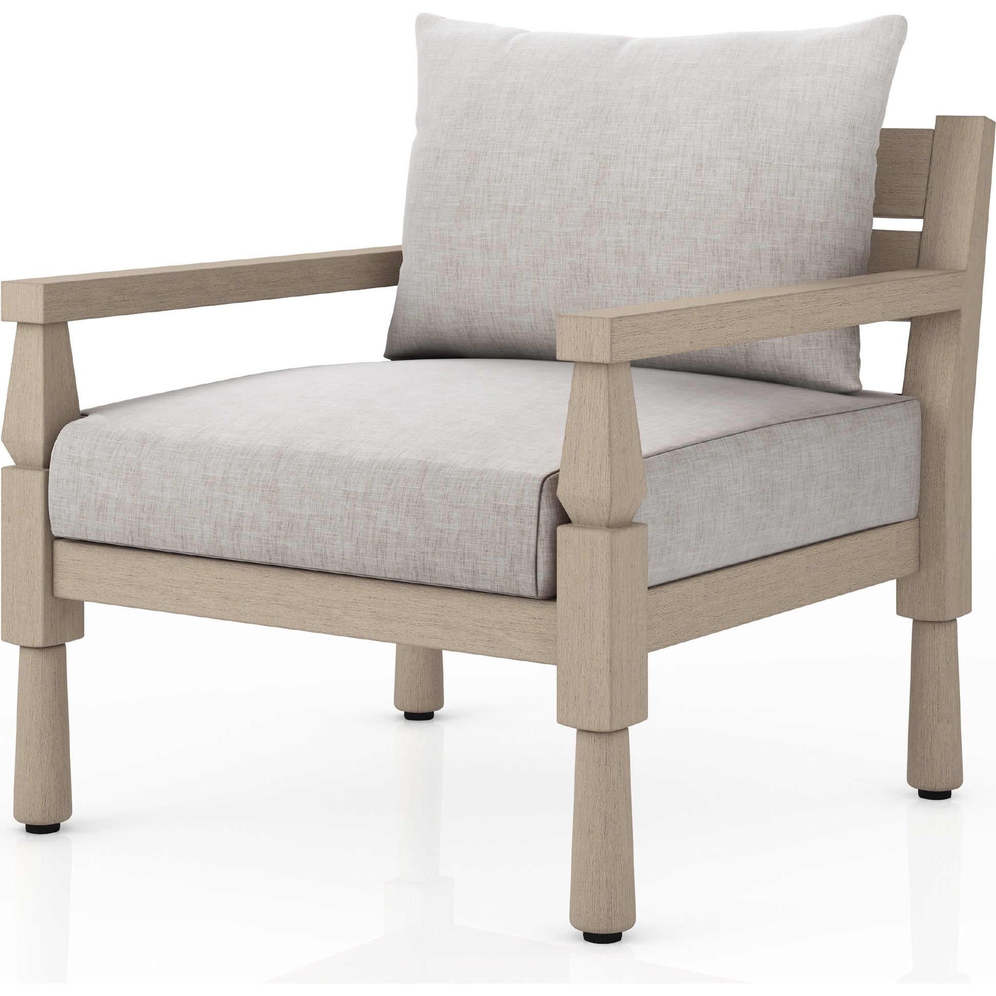 Waller Outdoor Chair by Four Hands in stone grey, weathered grey and weathered grey in stone grey. Made from 100% olefin, solid fsc®-certified teak, 59% polyurethane foam, 30% polyester fiber, 11% polyester fiber batting in a transitio