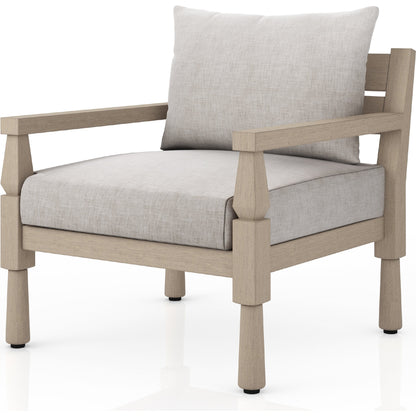 Waller Outdoor Chair by Four Hands in stone grey, weathered grey and weathered grey in stone grey. Made from 100% olefin, solid fsc®-certified teak, 59% polyurethane foam, 30% polyester fiber, 11% polyester fiber batting in a transitio