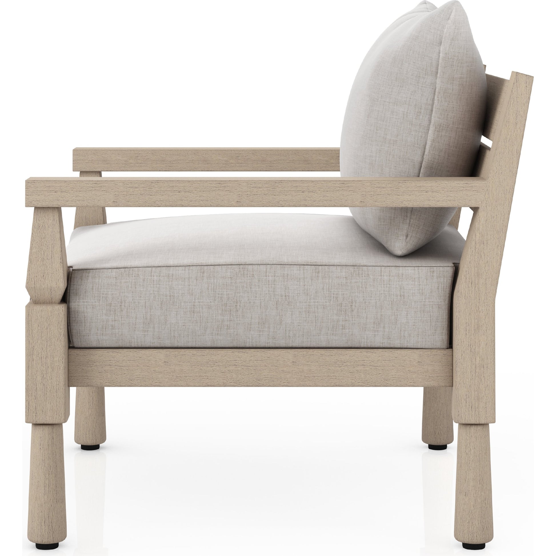 Waller Outdoor Chair by Four Hands in stone grey, weathered grey and weathered grey in stone grey. Made from 100% olefin, solid fsc®-certified teak, 59% polyurethane foam, 30% polyester fiber, 11% polyester fiber batting in a transitio