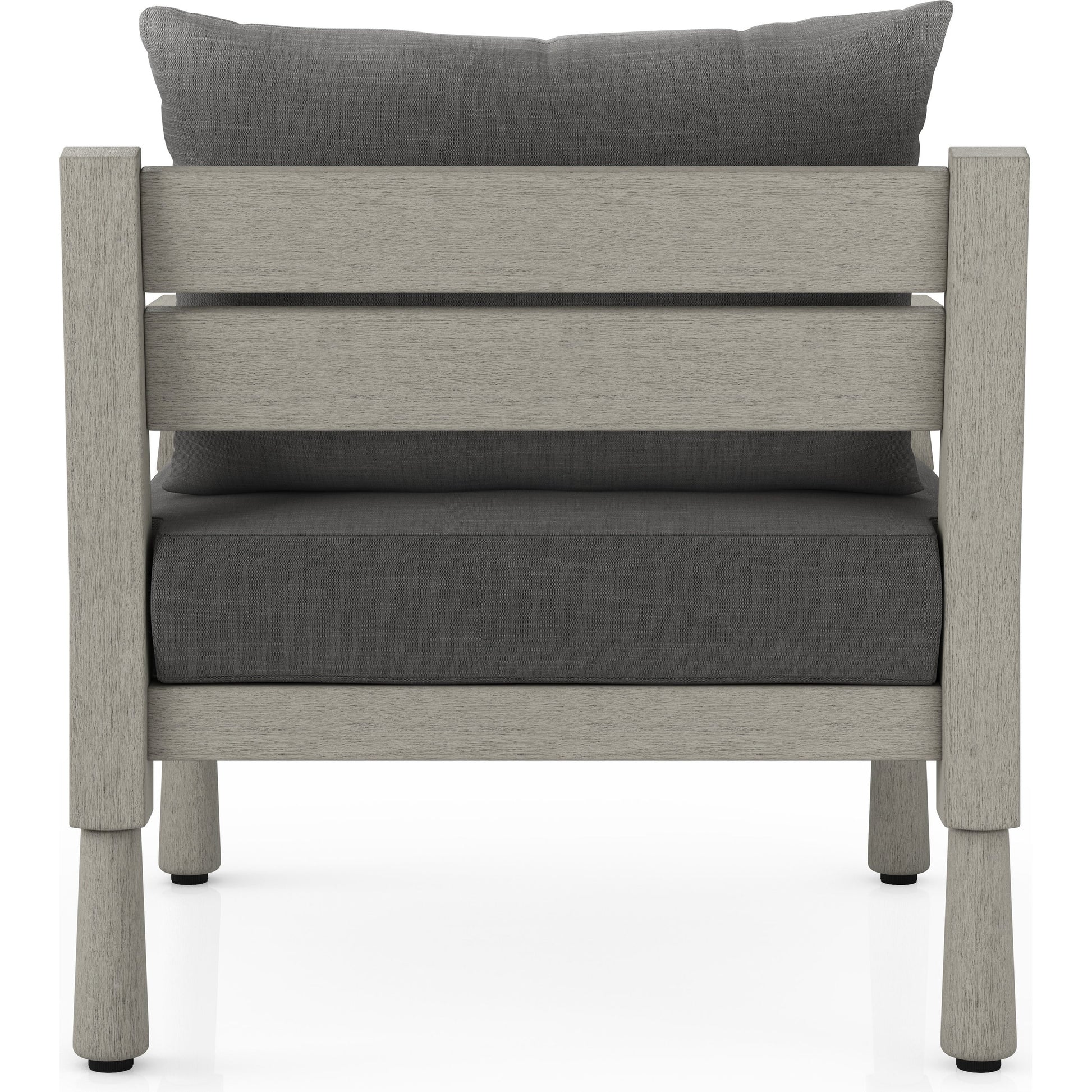 Waller Outdoor Chair by Four Hands in stone grey, weathered grey and weathered grey in stone grey. Made from 100% olefin, solid fsc®-certified teak, 59% polyurethane foam, 30% polyester fiber, 11% polyester fiber batting in a transitio