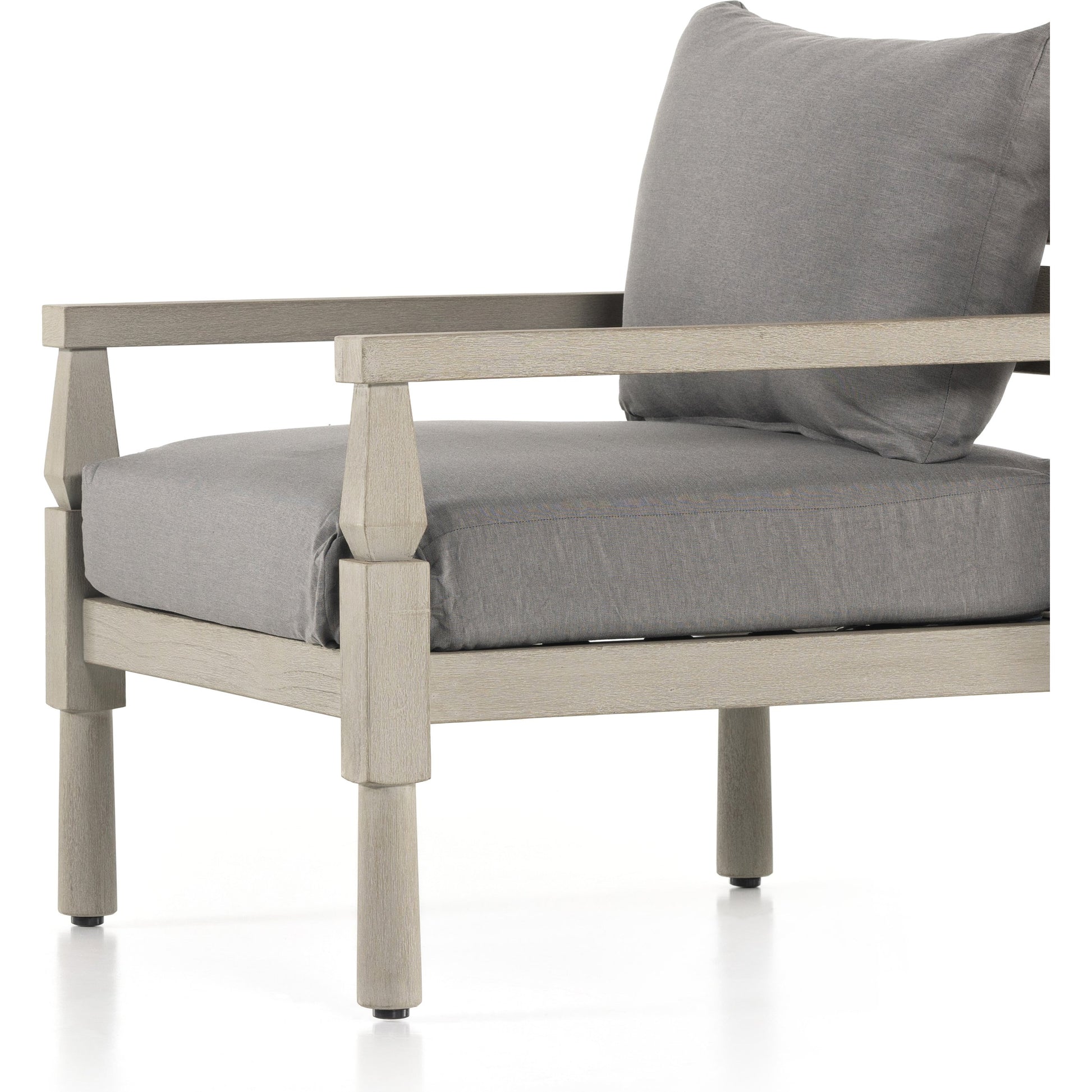 Waller Outdoor Chair by Four Hands in stone grey, weathered grey and weathered grey in stone grey. Made from 100% olefin, solid fsc®-certified teak, 59% polyurethane foam, 30% polyester fiber, 11% polyester fiber batting in a transitio