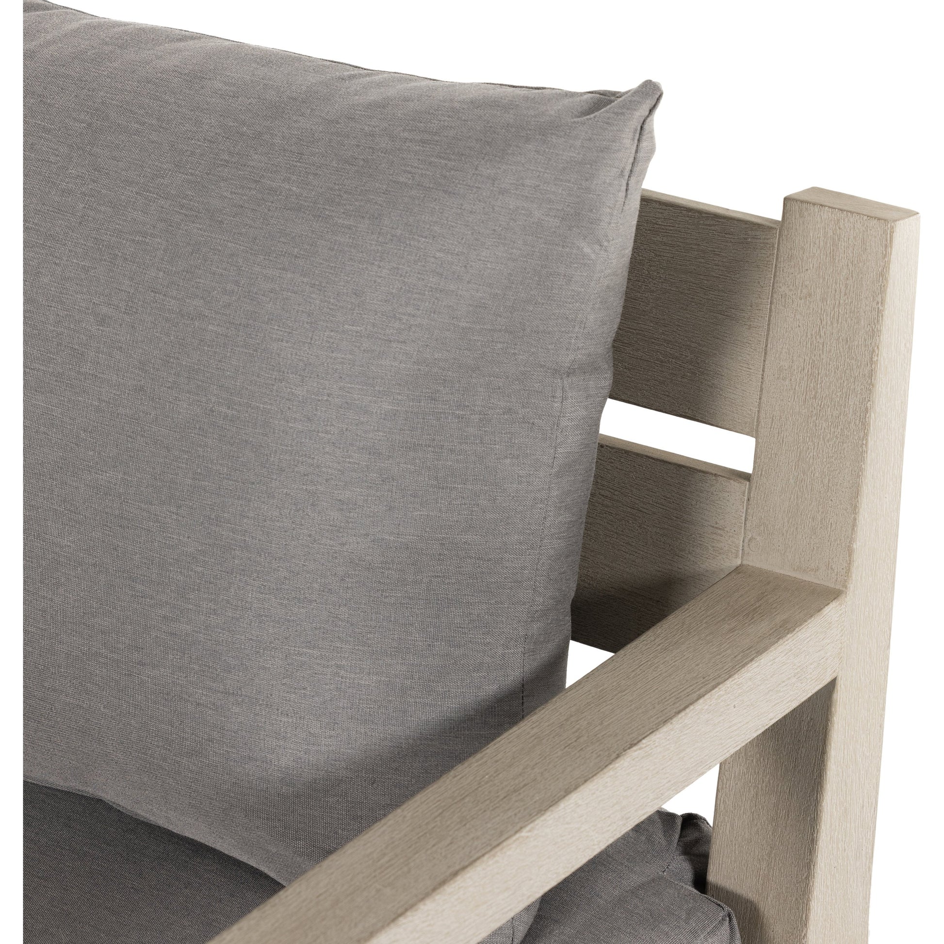 Waller Outdoor Chair by Four Hands in stone grey, weathered grey and weathered grey in stone grey. Made from 100% olefin, solid fsc®-certified teak, 59% polyurethane foam, 30% polyester fiber, 11% polyester fiber batting in a transitio