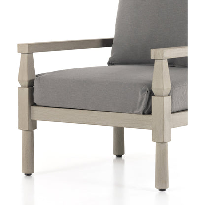 Waller Outdoor Chair by Four Hands in stone grey, weathered grey and weathered grey in stone grey. Made from 100% olefin, solid fsc®-certified teak, 59% polyurethane foam, 30% polyester fiber, 11% polyester fiber batting in a transitio