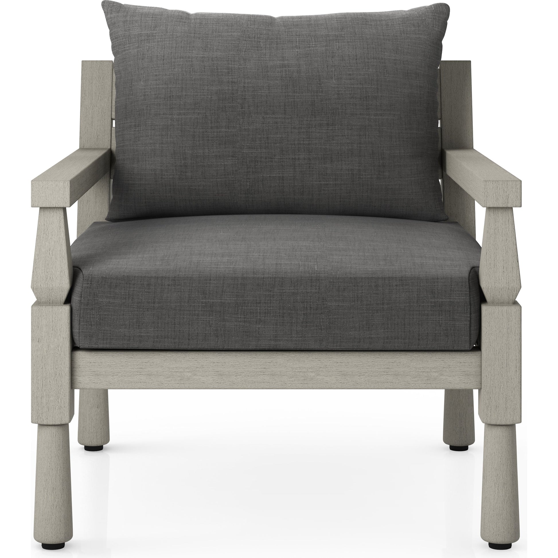 Waller Outdoor Chair by Four Hands in stone grey, weathered grey and weathered grey in stone grey. Made from 100% olefin, solid fsc®-certified teak, 59% polyurethane foam, 30% polyester fiber, 11% polyester fiber batting in a transitio