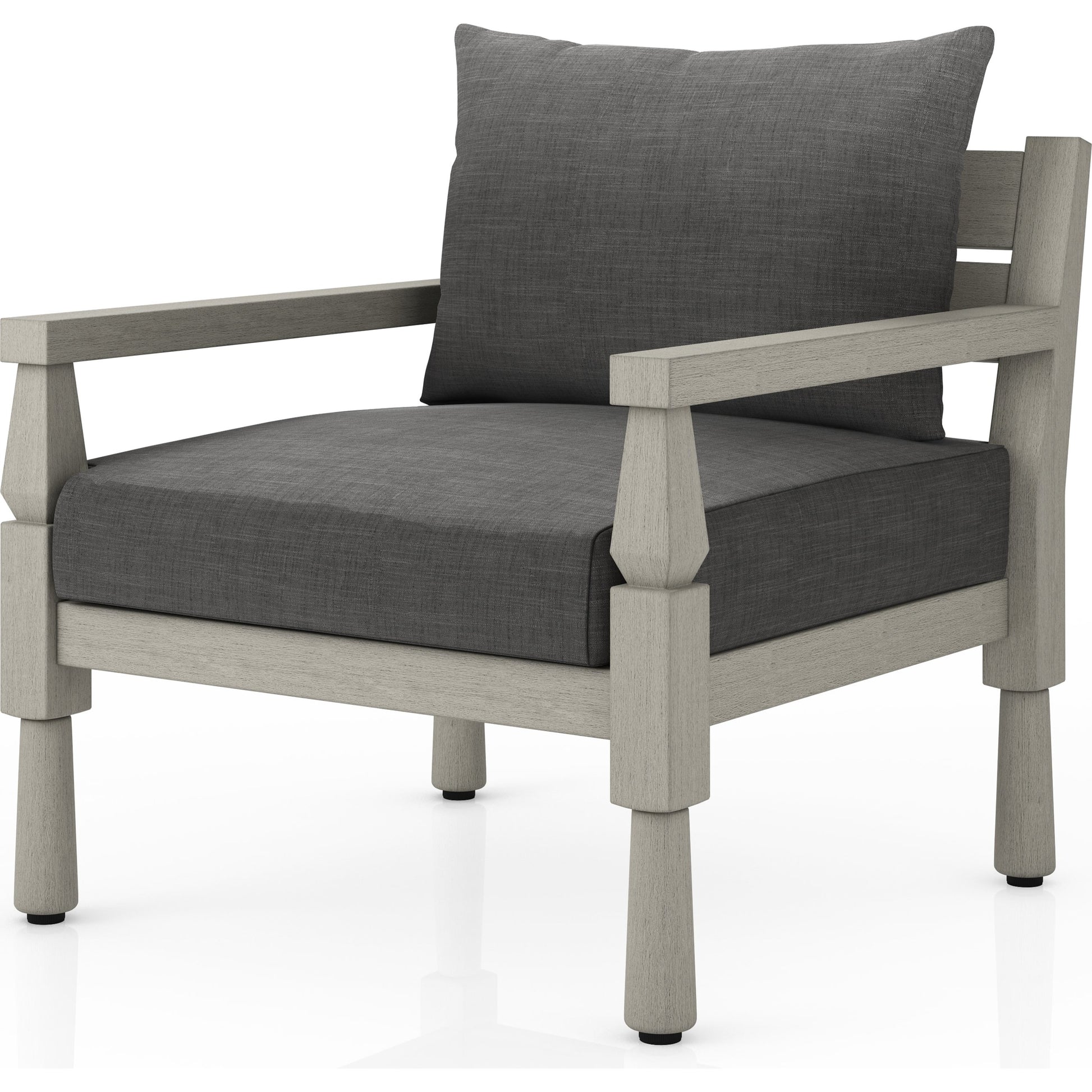Waller Outdoor Chair by Four Hands in stone grey, weathered grey and weathered grey in stone grey. Made from 100% olefin, solid fsc®-certified teak, 59% polyurethane foam, 30% polyester fiber, 11% polyester fiber batting in a transitio