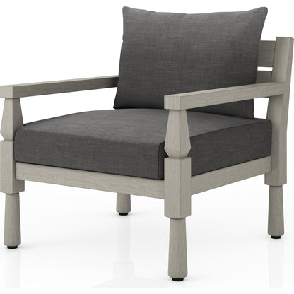 Waller Outdoor Chair by Four Hands in stone grey, weathered grey and weathered grey in stone grey. Made from 100% olefin, solid fsc®-certified teak, 59% polyurethane foam, 30% polyester fiber, 11% polyester fiber batting in a transitio