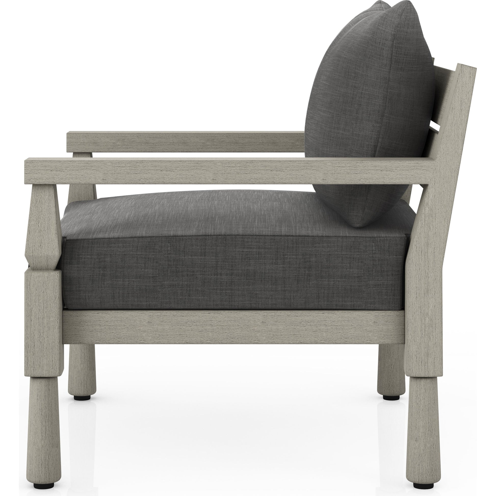 Waller Outdoor Chair by Four Hands in stone grey, weathered grey and weathered grey in stone grey. Made from 100% olefin, solid fsc®-certified teak, 59% polyurethane foam, 30% polyester fiber, 11% polyester fiber batting in a transitio