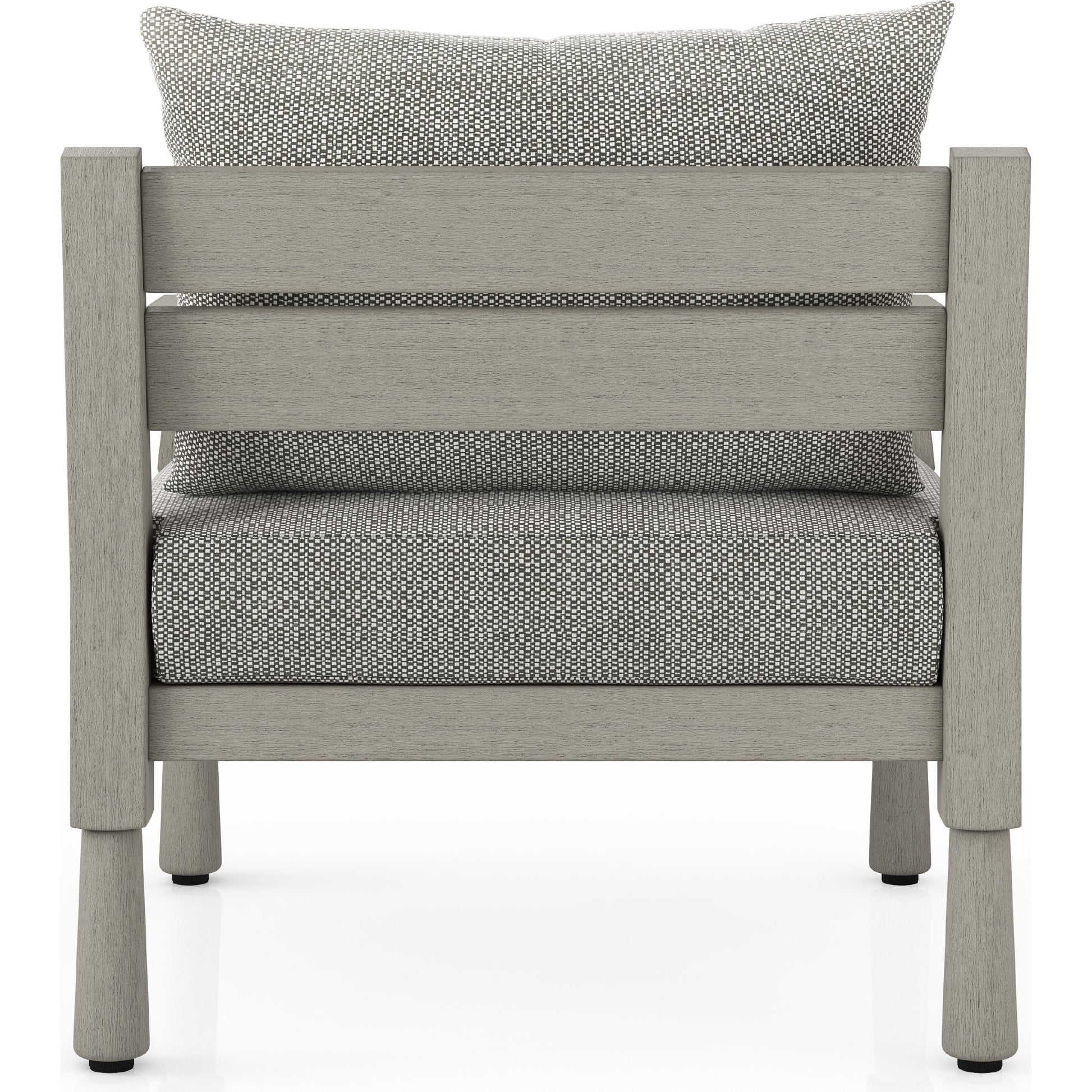 Waller Outdoor Chair by Four Hands in stone grey, weathered grey and weathered grey in stone grey. Made from 100% olefin, solid fsc®-certified teak, 59% polyurethane foam, 30% polyester fiber, 11% polyester fiber batting 