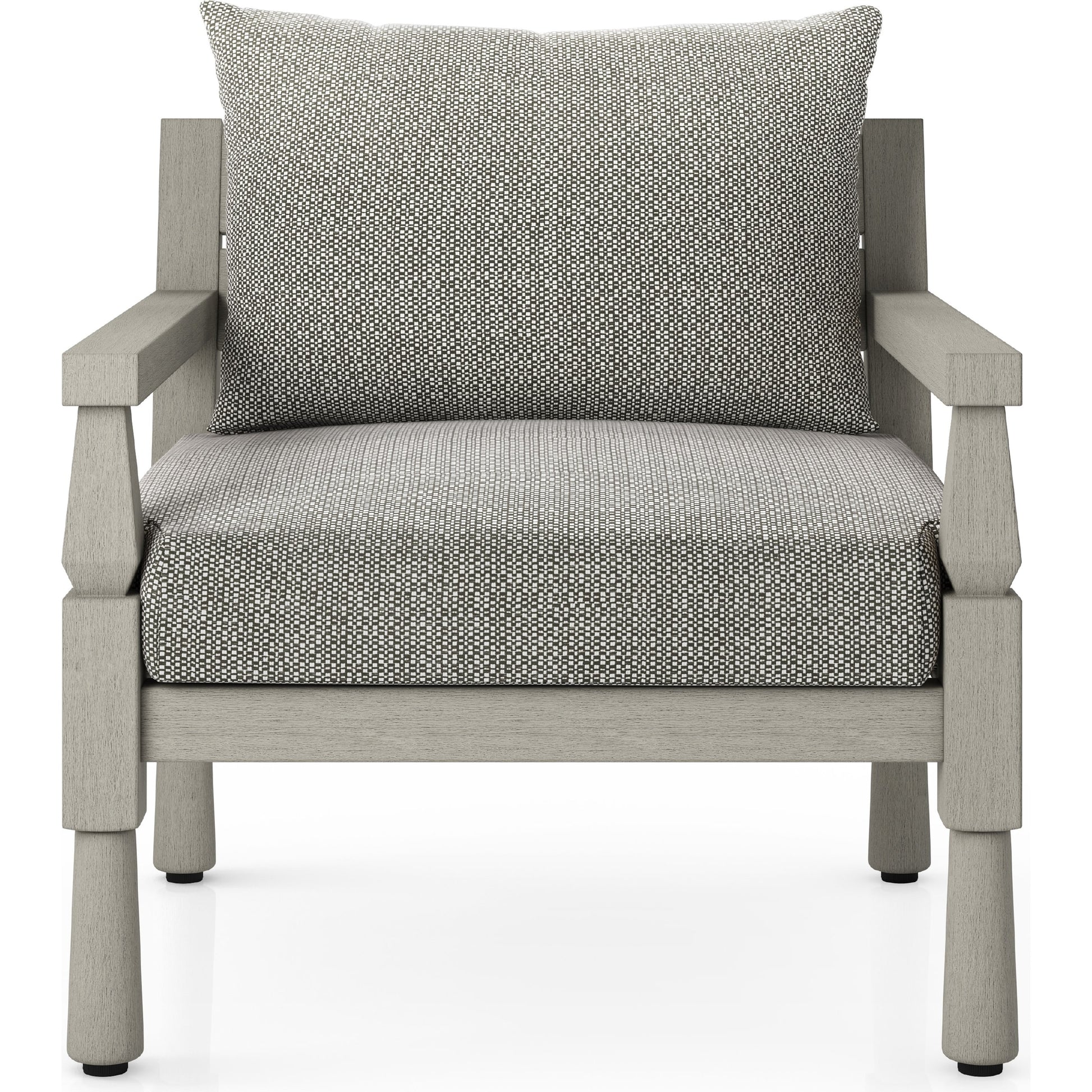 Waller Outdoor Chair by Four Hands in stone grey, weathered grey and weathered grey in stone grey. Made from 100% olefin, solid fsc®-certified teak, 59% polyurethane foam, 30% polyester fiber, 11% polyester fiber batting 