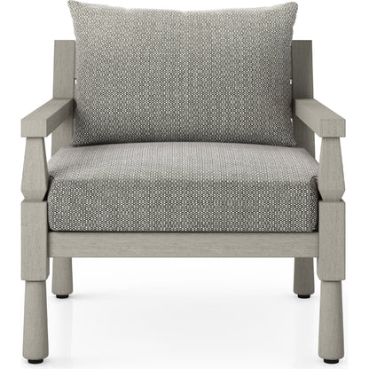 Waller Outdoor Chair by Four Hands in stone grey, weathered grey and weathered grey in stone grey. Made from 100% olefin, solid fsc®-certified teak, 59% polyurethane foam, 30% polyester fiber, 11% polyester fiber batting 