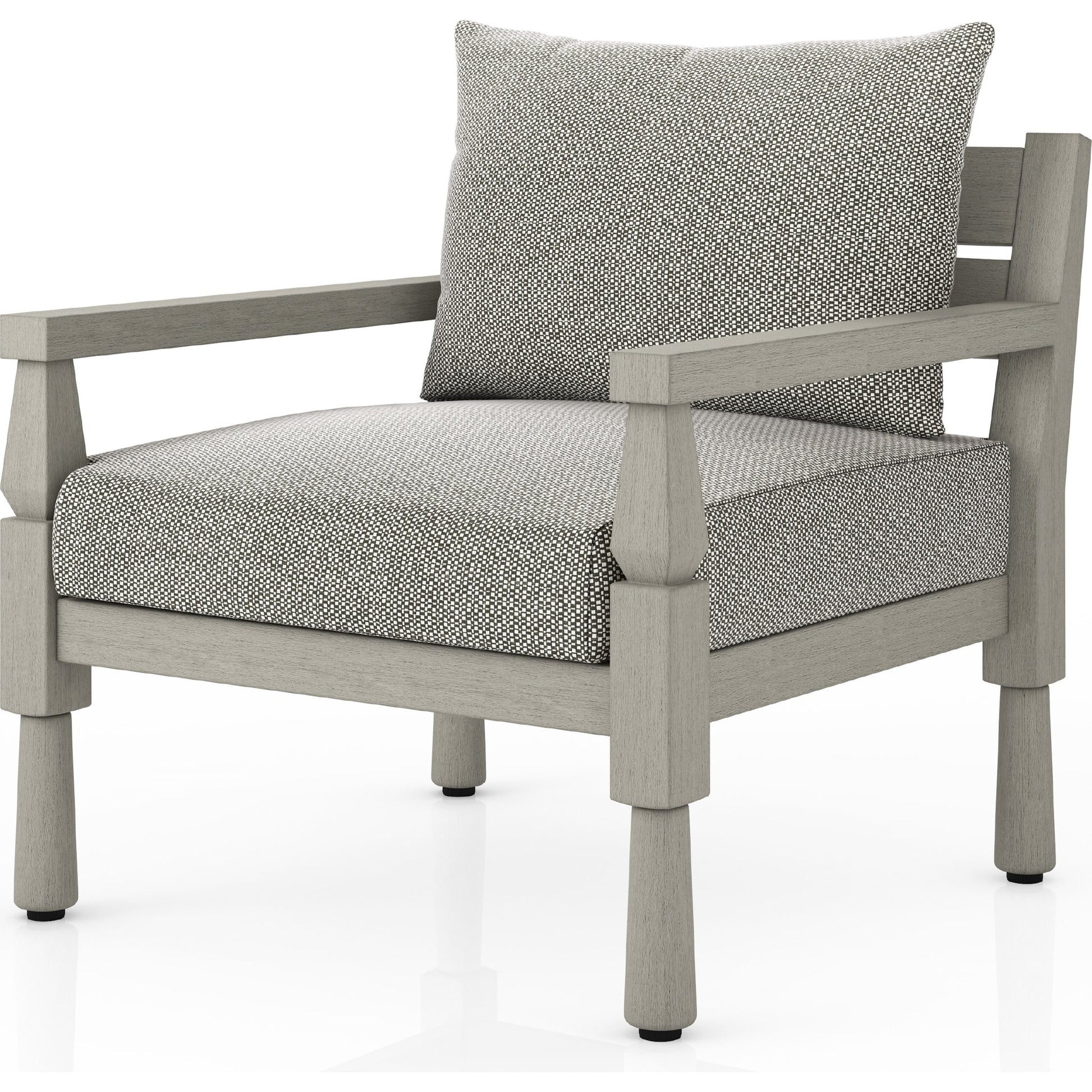 Waller Outdoor Chair by Four Hands in stone grey, weathered grey and weathered grey in stone grey. Made from 100% olefin, solid fsc®-certified teak, 59% polyurethane foam, 30% polyester fiber, 11% polyester fiber batting 