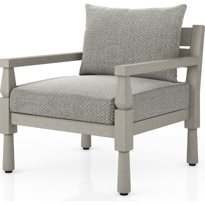 Waller Outdoor Chair by Four Hands in stone grey, weathered grey and weathered grey in stone grey. Made from 100% olefin, solid fsc®-certified teak, 59% polyurethane foam, 30% polyester fiber, 11% polyester fiber batting 