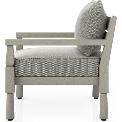 Waller Outdoor Chair by Four Hands in stone grey, weathered grey and weathered grey in stone grey. Made from 100% olefin, solid fsc®-certified teak, 59% polyurethane foam, 30% polyester fiber, 11% polyester fiber batting 