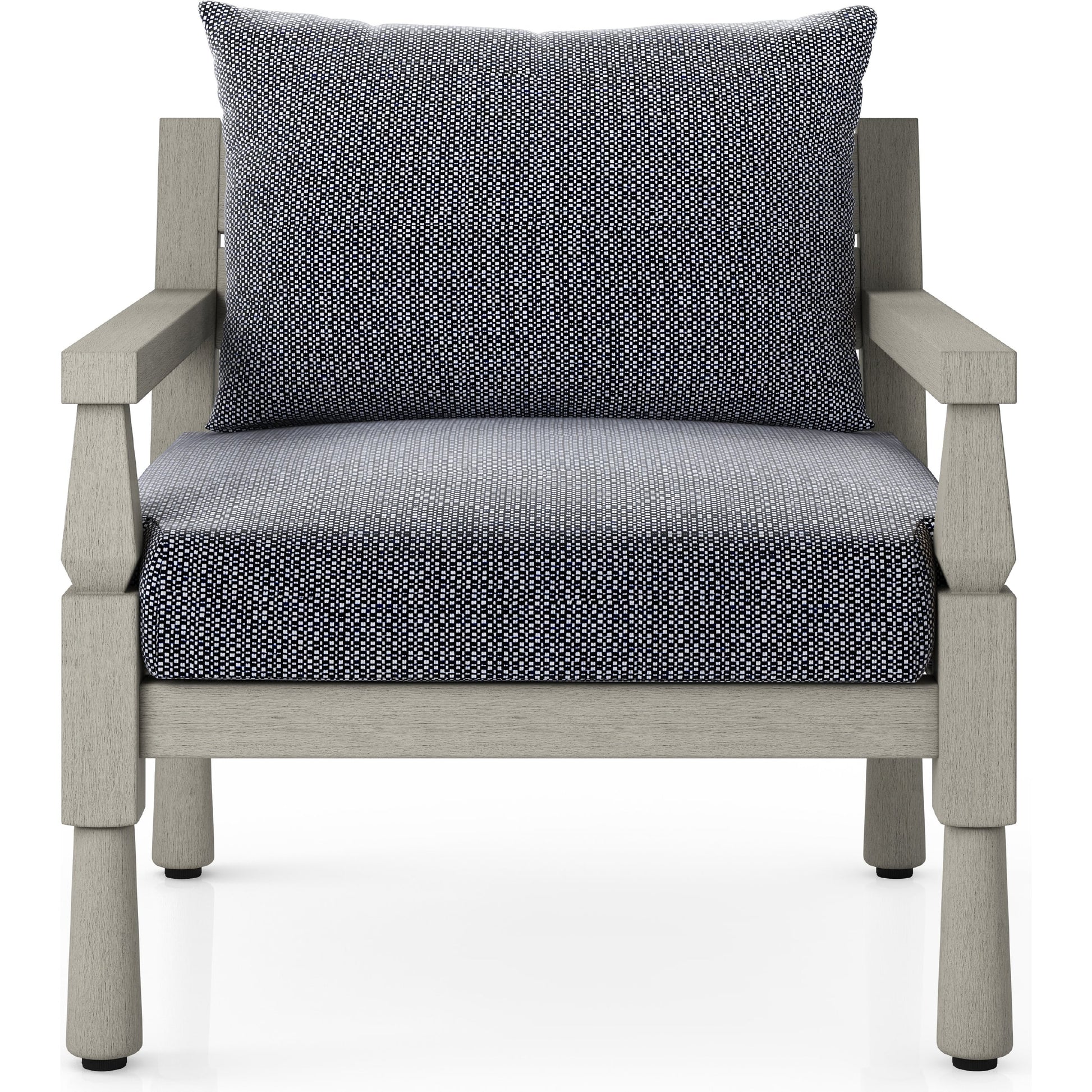 Waller Outdoor Chair by Four Hands in stone grey, weathered grey and weathered grey in stone grey. Made from 100% olefin, solid fsc®-certified teak, 59% polyurethane foam, 30% polyester fiber, 11% polyester fiber batting in a transitio
