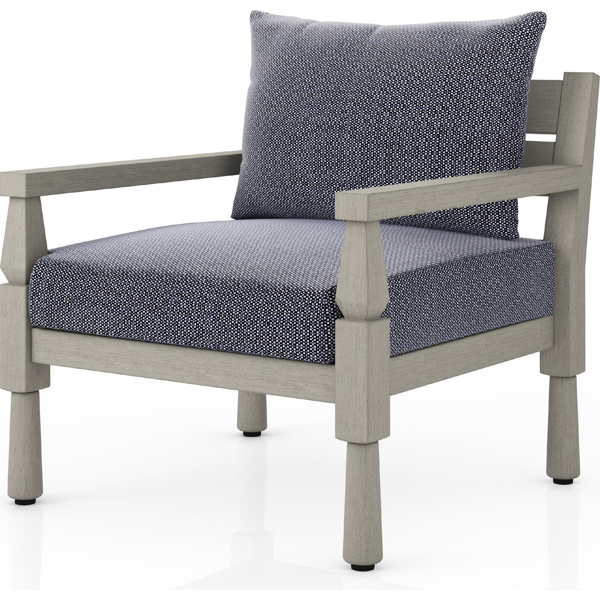 Waller Outdoor Chair by Four Hands in stone grey, weathered grey and weathered grey in stone grey. Made from 100% olefin, solid fsc®-certified teak, 59% polyurethane foam, 30% polyester fiber, 11% polyester fiber batting in a transitio