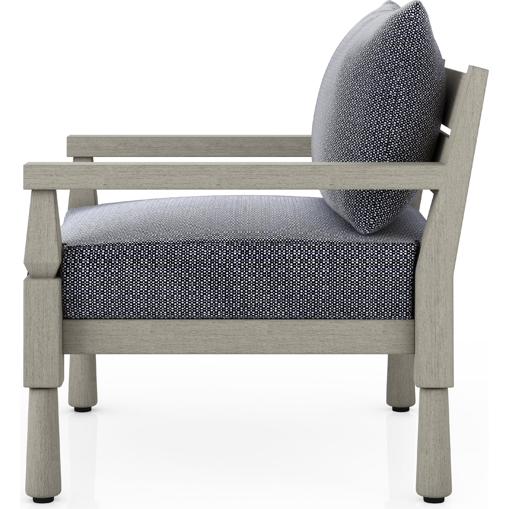 Waller Outdoor Chair by Four Hands in stone grey, weathered grey and weathered grey in stone grey. Made from 100% olefin, solid fsc®-certified teak, 59% polyurethane foam, 30% polyester fiber, 11% polyester fiber batting in a transitio
