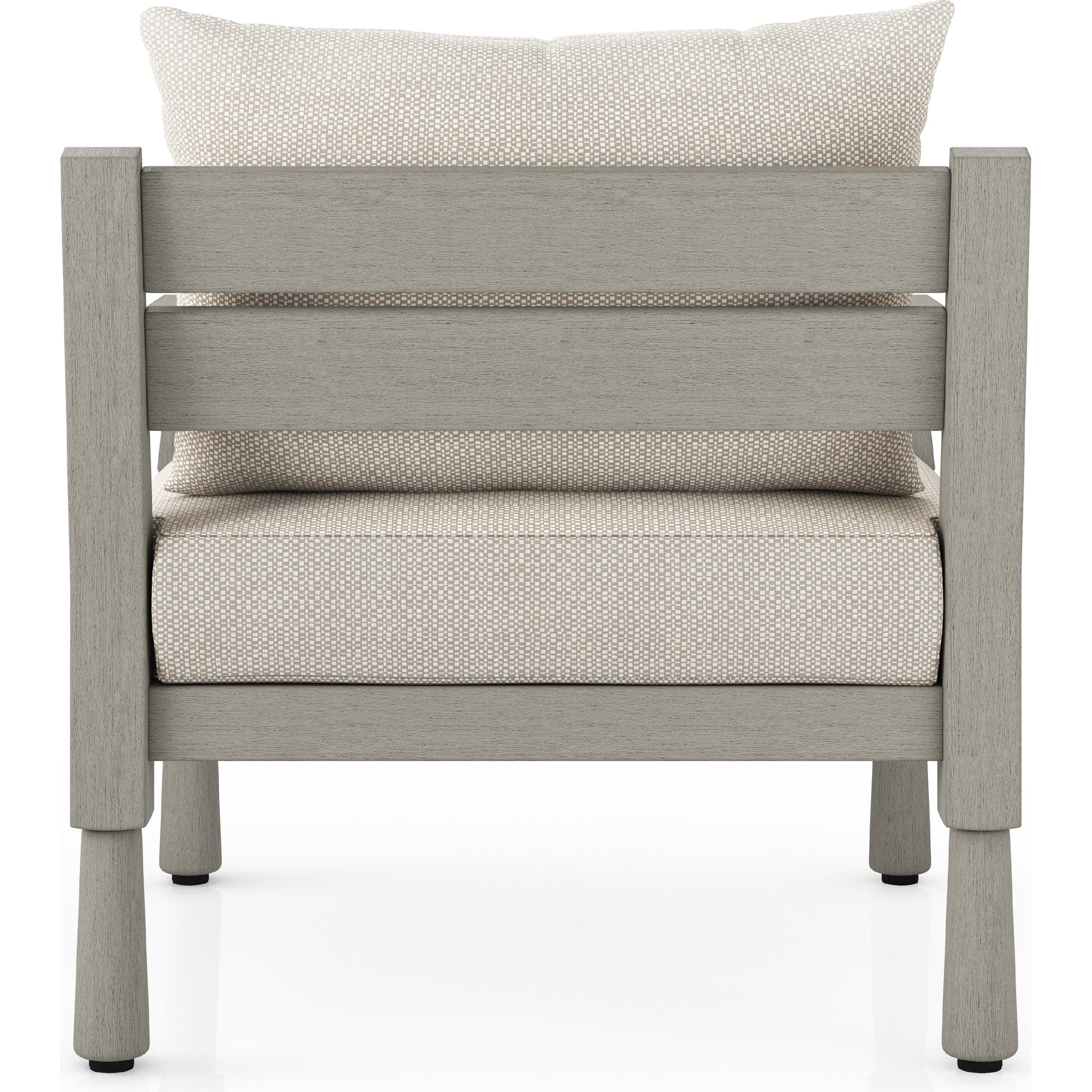 Waller Outdoor Chair by Four Hands in stone grey, weathered grey and weathered grey in stone grey. Made from 100% olefin, solid fsc®-certified teak, 59% polyurethane foam, 30% polyester fiber, 11% polyester fiber batting in a transitio