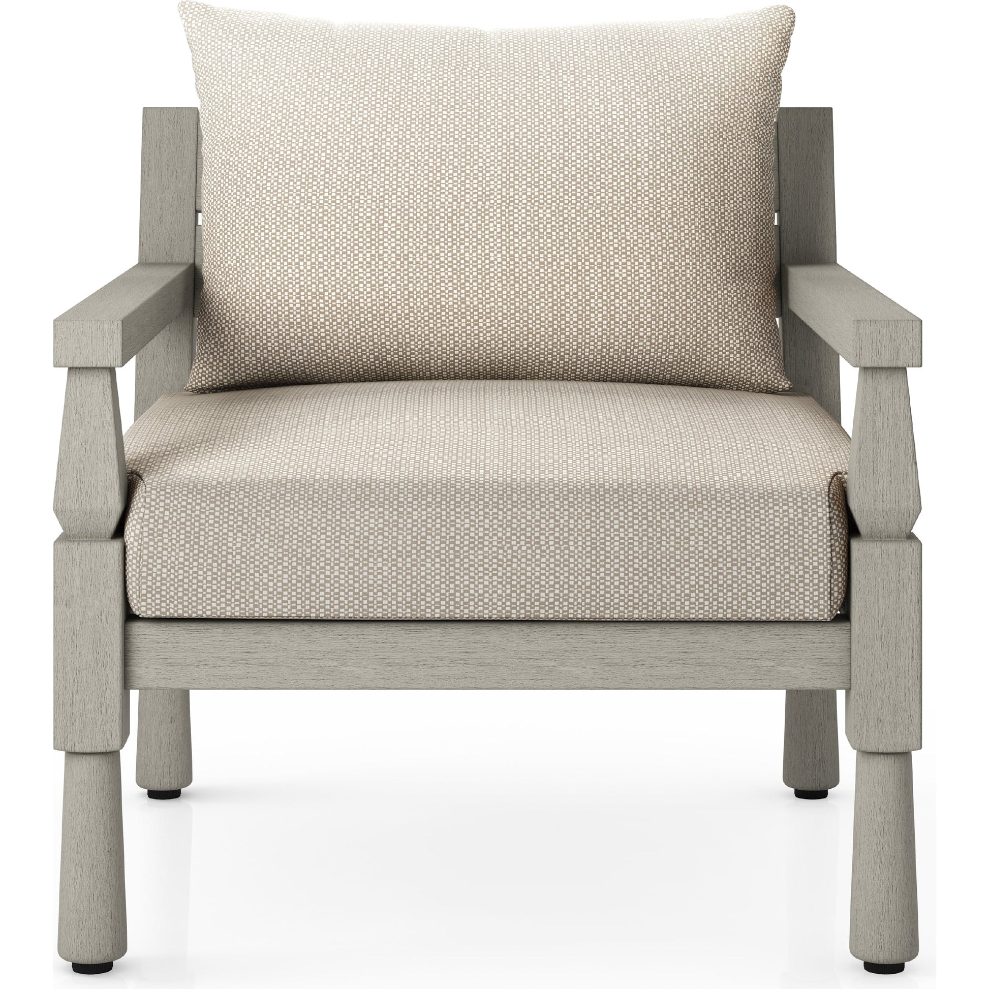 Waller Outdoor Chair by Four Hands in stone grey, weathered grey and weathered grey in stone grey. Made from 100% olefin, solid fsc®-certified teak, 59% polyurethane foam, 30% polyester fiber, 11% polyester fiber batting in a transitio