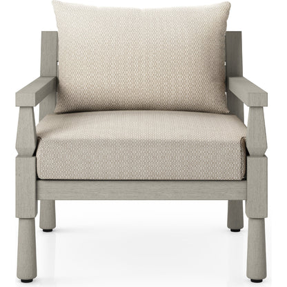 Waller Outdoor Chair by Four Hands in stone grey, weathered grey and weathered grey in stone grey. Made from 100% olefin, solid fsc®-certified teak, 59% polyurethane foam, 30% polyester fiber, 11% polyester fiber batting in a transitio