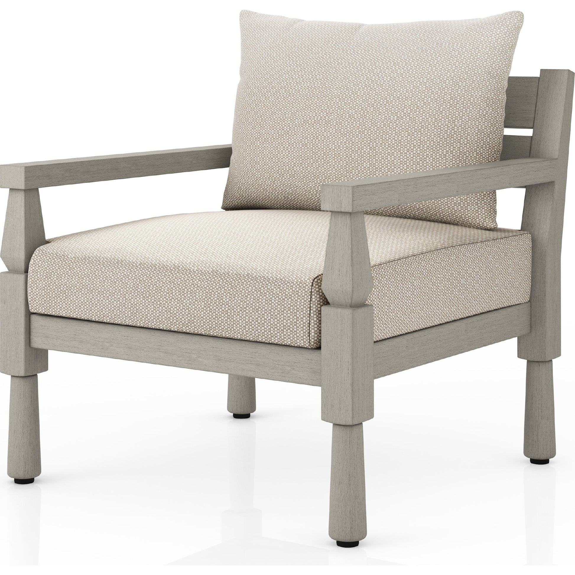Waller Outdoor Chair by Four Hands in stone grey, weathered grey and weathered grey in stone grey. Made from 100% olefin, solid fsc®-certified teak, 59% polyurethane foam, 30% polyester fiber, 11% polyester fiber batting in a transitio